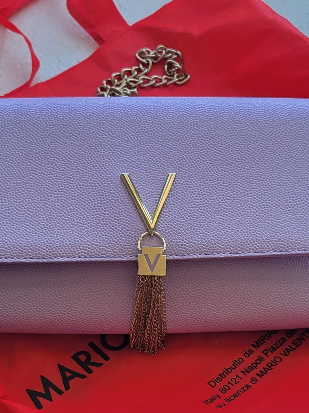 Valentino Lavender V-Tassel Leather Clutch with Silver Chain